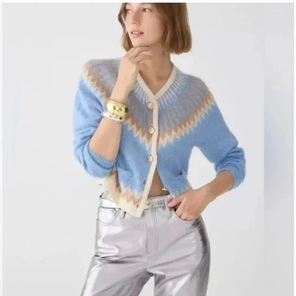 J Crew Womens Blue Fair Isle Alpaca Wool Blend Cropped Cardigan Sweater XS
